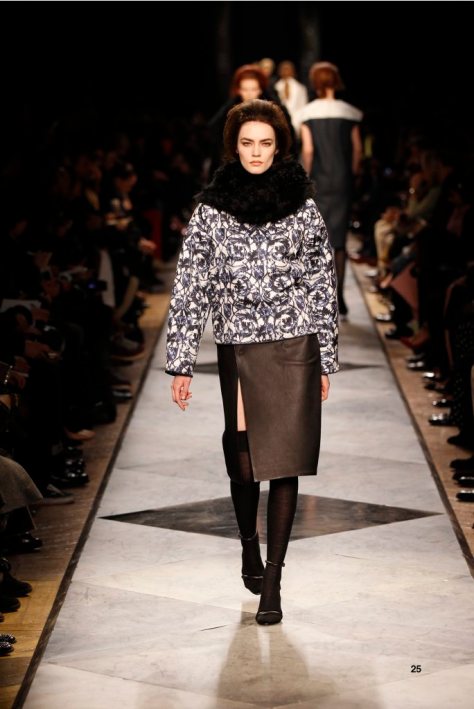 25-LOEWE-AH-2013-Blue and White ‘Ceramica’Quilted Print Silk Sweatshirt_ Black Napa Skirt_ Black Shearling Hood_ Black Pierced Napa Sandal