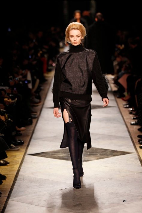 28-LOEWE-AH-2013-Dark Navy ‘Ceramica’ Print Silk High-neck Rib-knit Sweater_ Navy Napa Skirt_ Black Napa Sandals