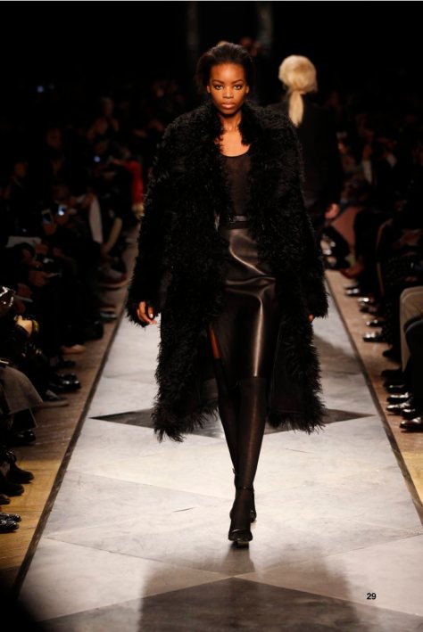 29-LOEWE-AH-2013-Black Shearling Coat_ Black Cashmere Rib-knit Vest_ Black Napa Skirt_ Black Napa Sandal