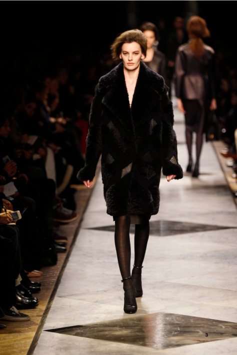 3-LOEWE-AH-2013-Navy Shearling Patchwork Jacket_ Black Napa Skirt_ Black Short Hair Lizard Sandal