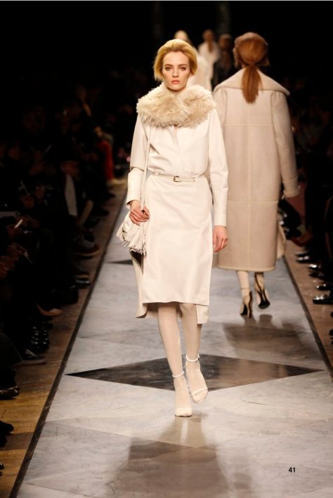 41-LOEWE-AH-2013-White Napa Shirt_ White Napa Skirt_ Dark Sand Shearling Hood_ White Napa Sandal_ White Napa ‘Flamenco Box’ Bag