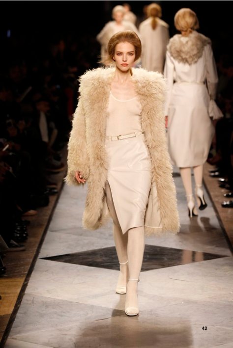 42-LOEWE-AH-2013-Dark Sand Shearling Coat_ White Cashmere Rib-knit Vest_ White Napa Skirt_ White Napa Sandal