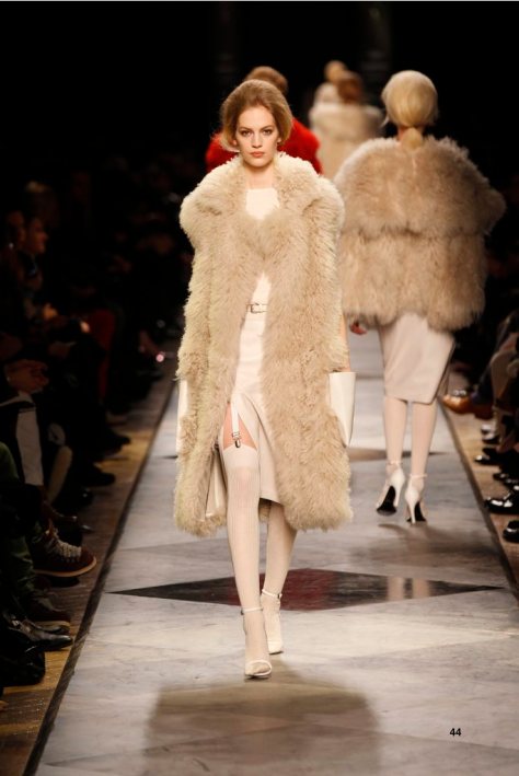 44-LOEWE-AH-2013-Dark Sand Shearling Coat_ White Cashmere Rib-knit Vest_ White Napa Skirt_ White Napa Sandal